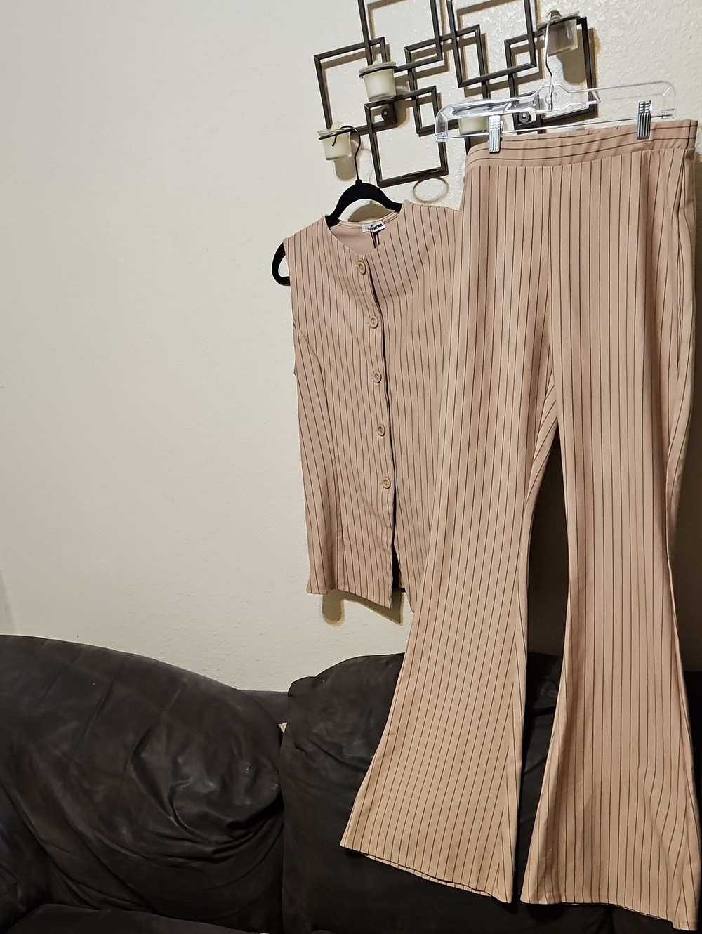 Fashion Nova Beige Pinstripe Bootcut Pants & Sleeveless Button Top Set